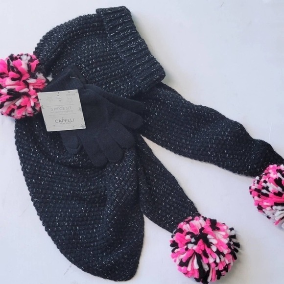 NEW! CAPELLI 3pc. Knit Triangle Scarf, Pom Pom Hat & Glove Gift Set! - Picture 6 of 10